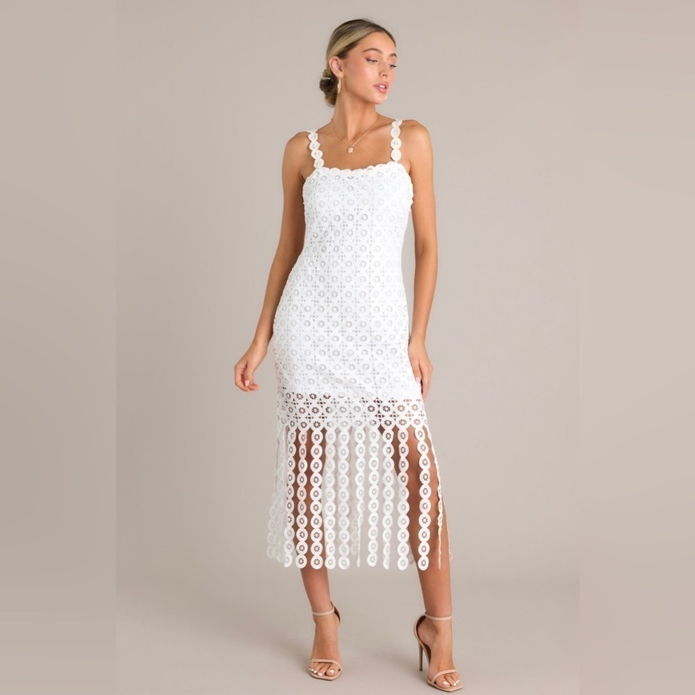 New York & Company Just Me Square Neck Circle Lace White Fringe Dress - Picture 15 of 15